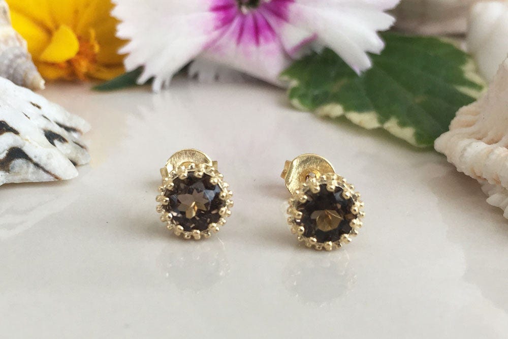 Smoky Quartz Earrings - Smoky Quartz Gemstone Small Round Stud Earrings