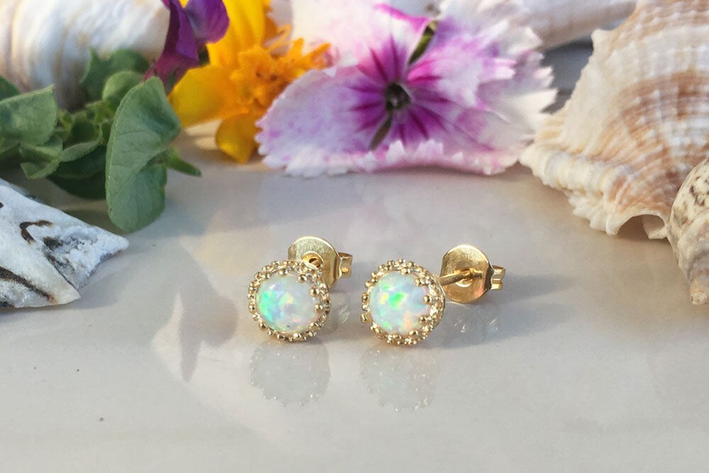 White Opal Earrings - Post Earrings - White Opal Gemstone Small Round Stud Earrings