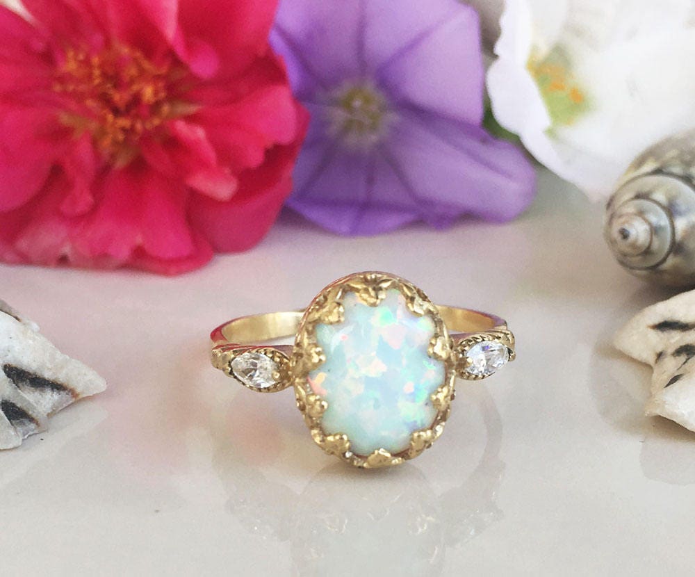 White Opal Ring - White Opal Gemstone Statement Oval Vintage Crown Ring