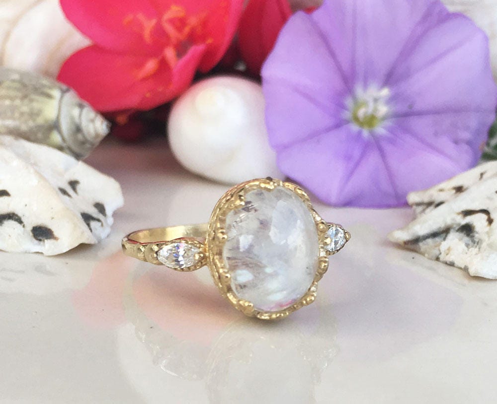 Rainbow Moonstone Ring - June Birthstone - Genuine Moonstone - Statement Ring - Gold Ring - Oval Crown Ring - Bezel Ring - Gemstone Band