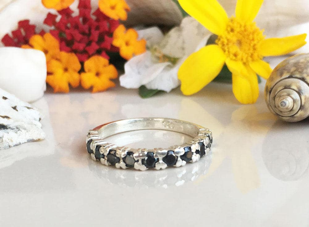 Black Onyx Ring - December Birthstone -  Stacking Ring with Eleven Round Black Onyx Gemstones