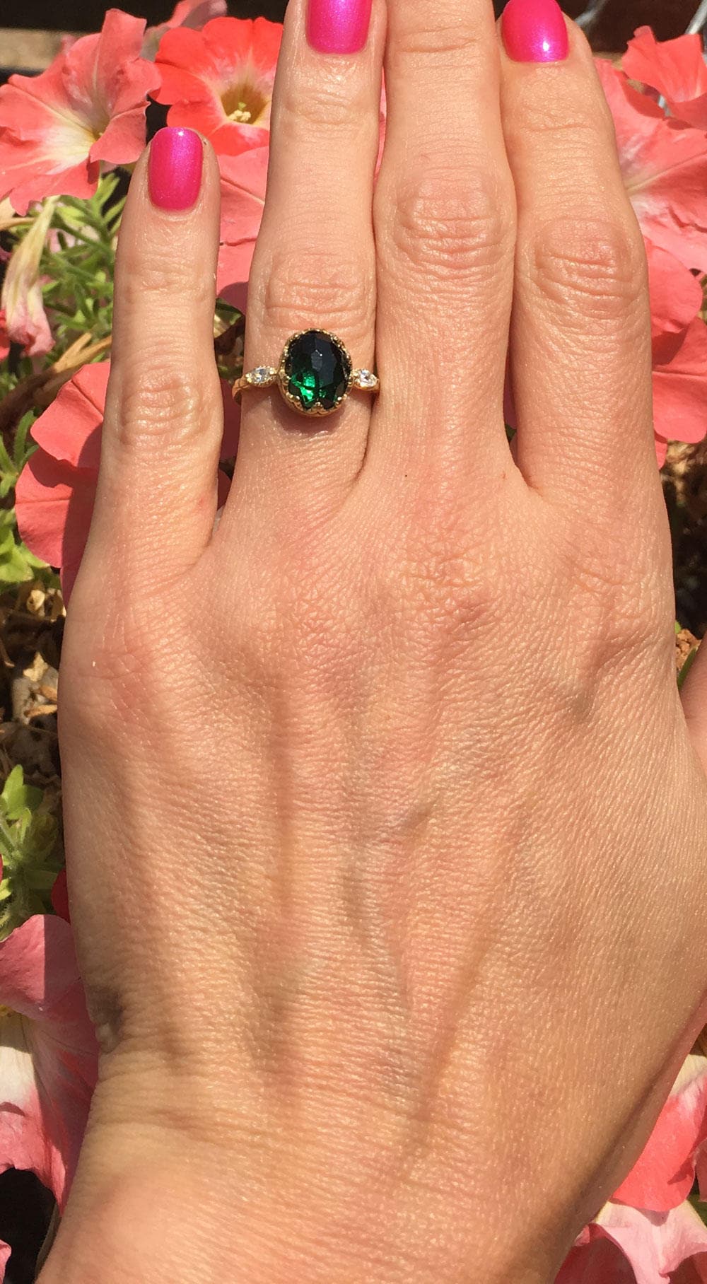 Green Tourmaline Ring - Oval Green Tourmaline Gemstone Statement Vintage Crown Ring with Clear Quartz Accents