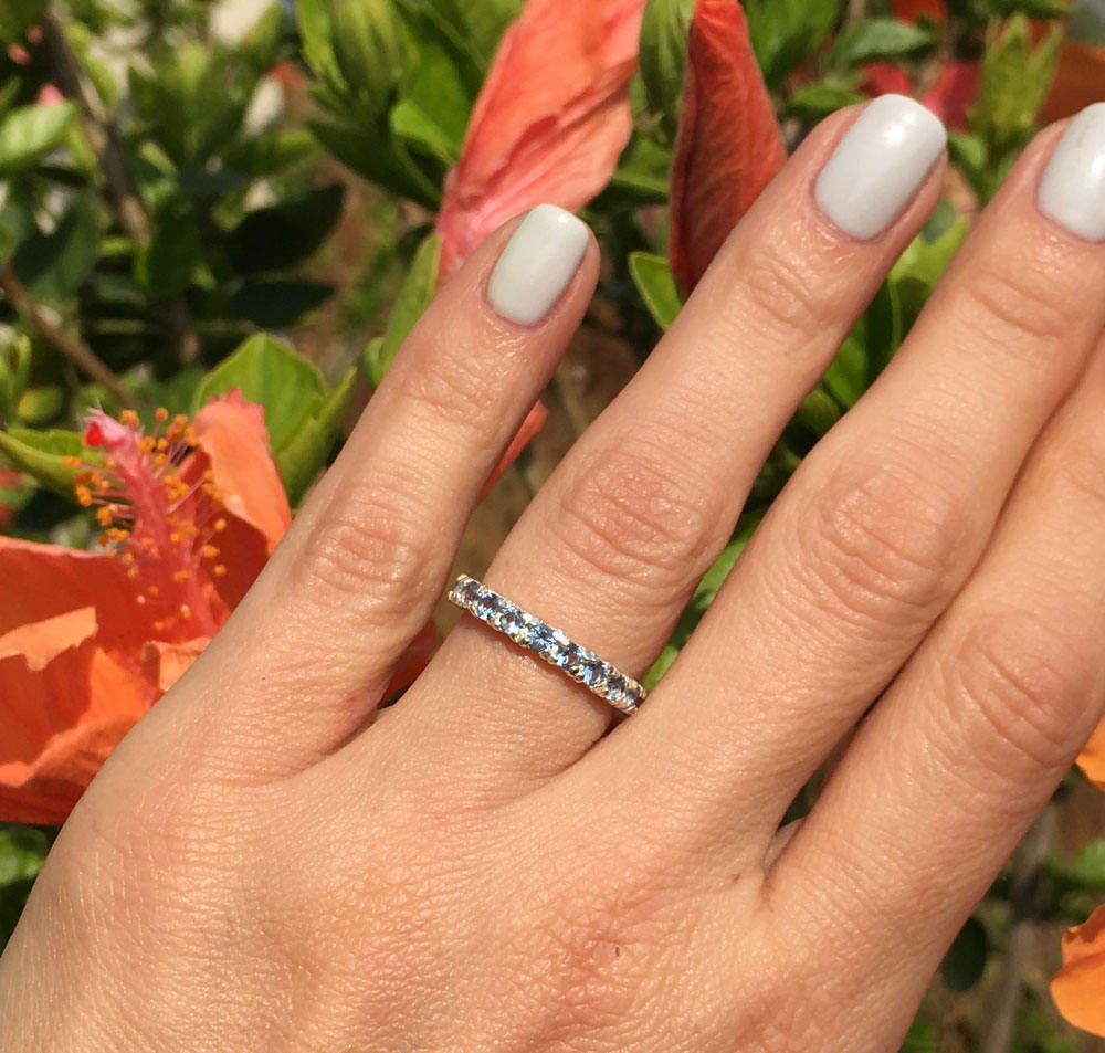 Aquamarine Ring - March Birthstone - Stacking Half Eternity Ring with Eleven Round Aquamarine Gemstones