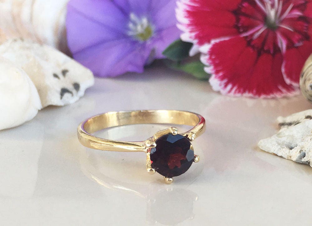 Red Garnet Ring - January Birthstone - Stacking Ring - Gold Ring - Solitaire Ring - Prong Ring