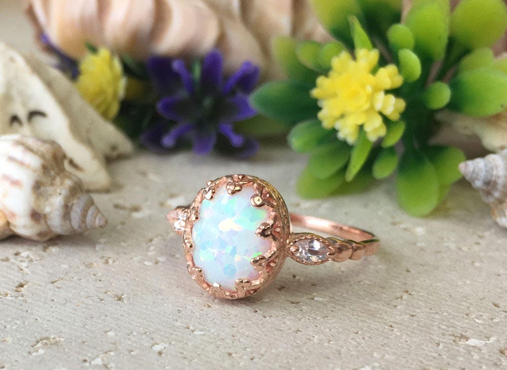 White Opal Ring - White Opal Gemstone Statement Oval Vintage Crown Ring