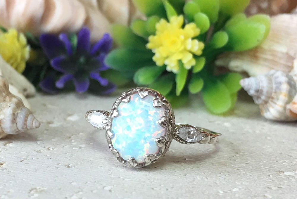 White Opal Ring - White Opal Gemstone Statement Oval Vintage Crown Ring