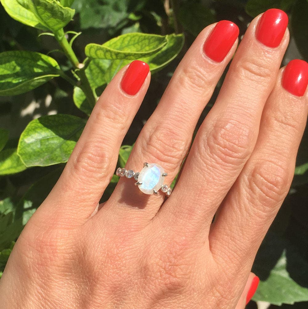 Rainbow Moonstone Ring - June Birthstone - Oval Rainbow Moonstone Statement Engagement Ring with Clear Quartz Accents