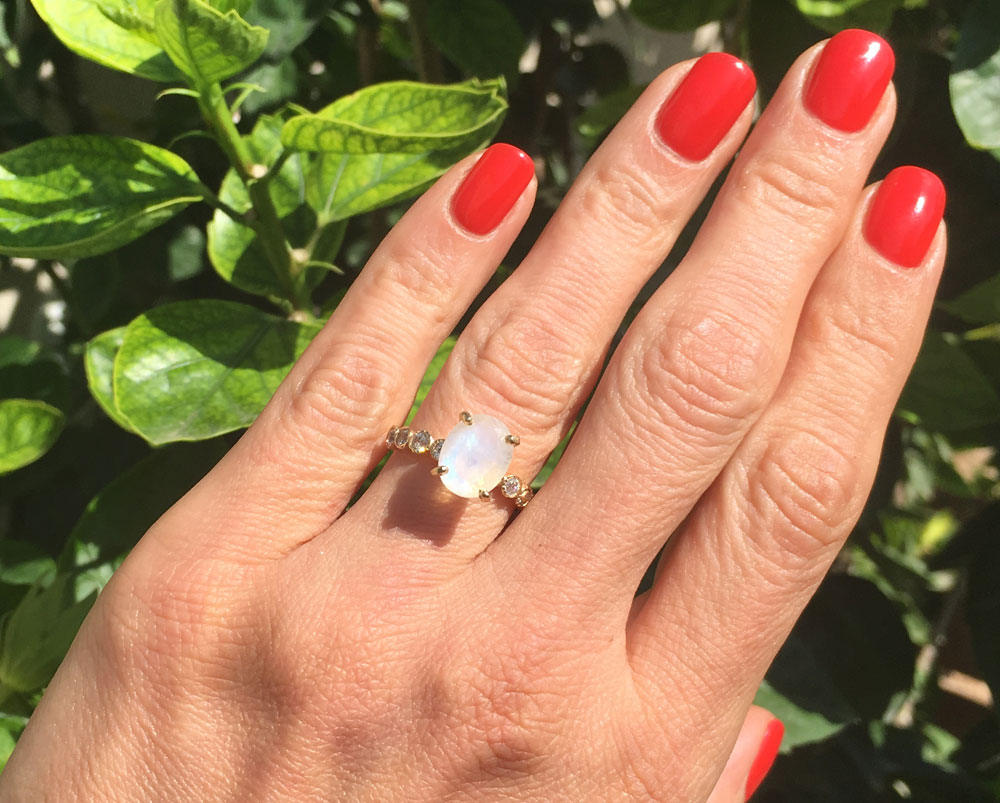 Rainbow Moonstone Ring - June Birthstone - Statement Ring - Gold Ring - Engagement Ring - Oval Ring - Cocktail Ring - Prong Ring