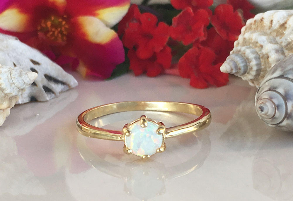 White Opal Ring - Round White Opal Gemstone Simple Delicate Ring