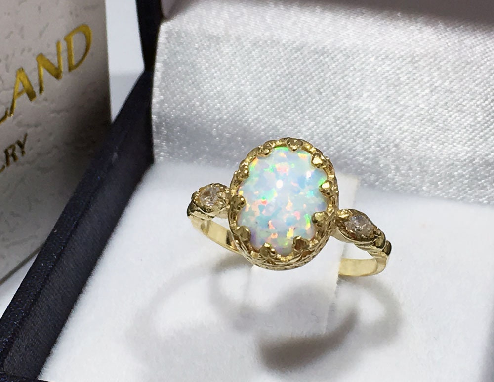 White Opal Ring - White Opal Gemstone Statement Oval Vintage Crown Ring