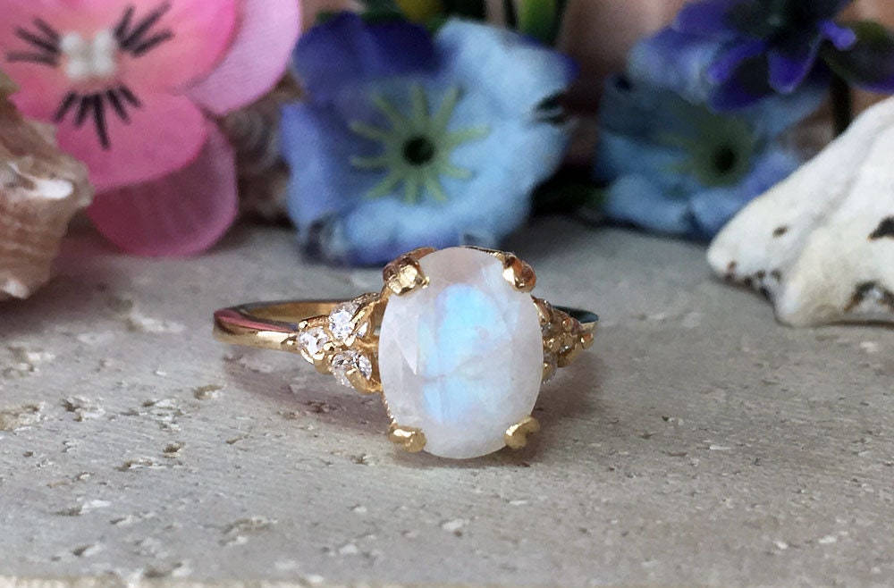 Rainbow Moonstone Ring - June Birthstone - Statement Ring - Gold Ring - Engagement Ring - Oval Ring - Cocktail Ring - Prong Ring