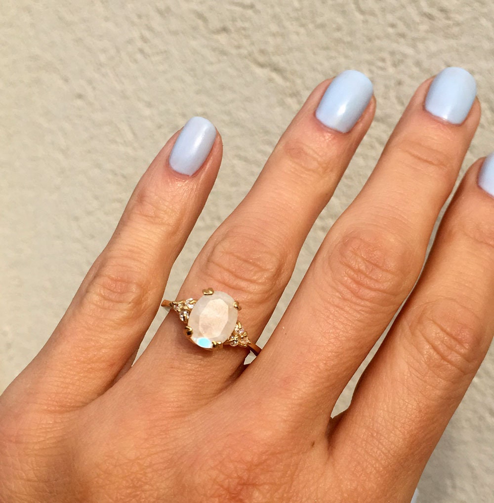 Rainbow Moonstone Ring - June Birthstone - Statement Ring - Gold Ring - Engagement Ring - Oval Ring - Cocktail Ring - Prong Ring