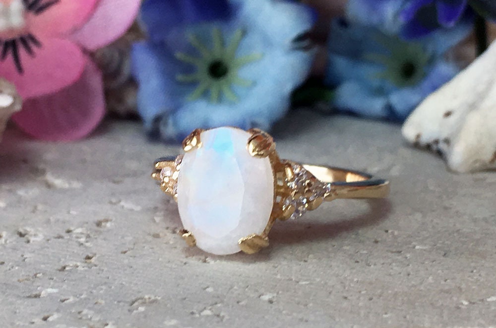 Rainbow Moonstone Ring - June Birthstone - Statement Ring - Gold Ring - Engagement Ring - Oval Ring - Cocktail Ring - Prong Ring