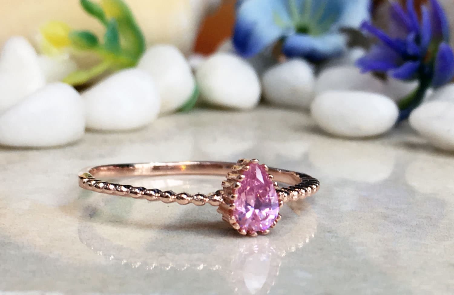 Rose Quartz Ring - October Birthstone - Tiny Ring - Gold Ring - Bezel Ring - Stacking Ring - Teardrop Ring