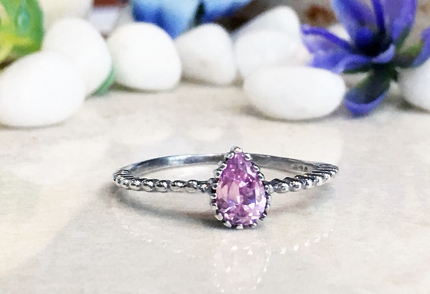 Rose Quartz Ring - October Birthstone - Tiny Ring - Gold Ring - Bezel Ring - Stacking Ring - Teardrop Ring