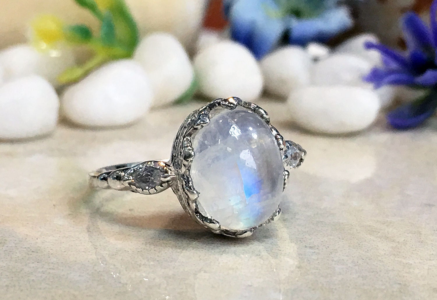 Rainbow Moonstone Ring - June Birthstone - Genuine Moonstone - Statement Ring - Gold Ring - Oval Crown Ring - Bezel Ring - Gemstone Band