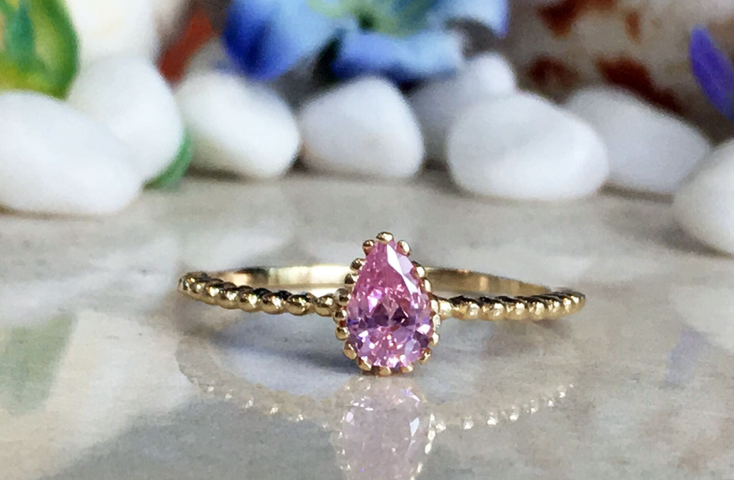 Rose Quartz Ring - October Birthstone - Tiny Ring - Gold Ring - Bezel Ring - Stacking Ring - Teardrop Ring