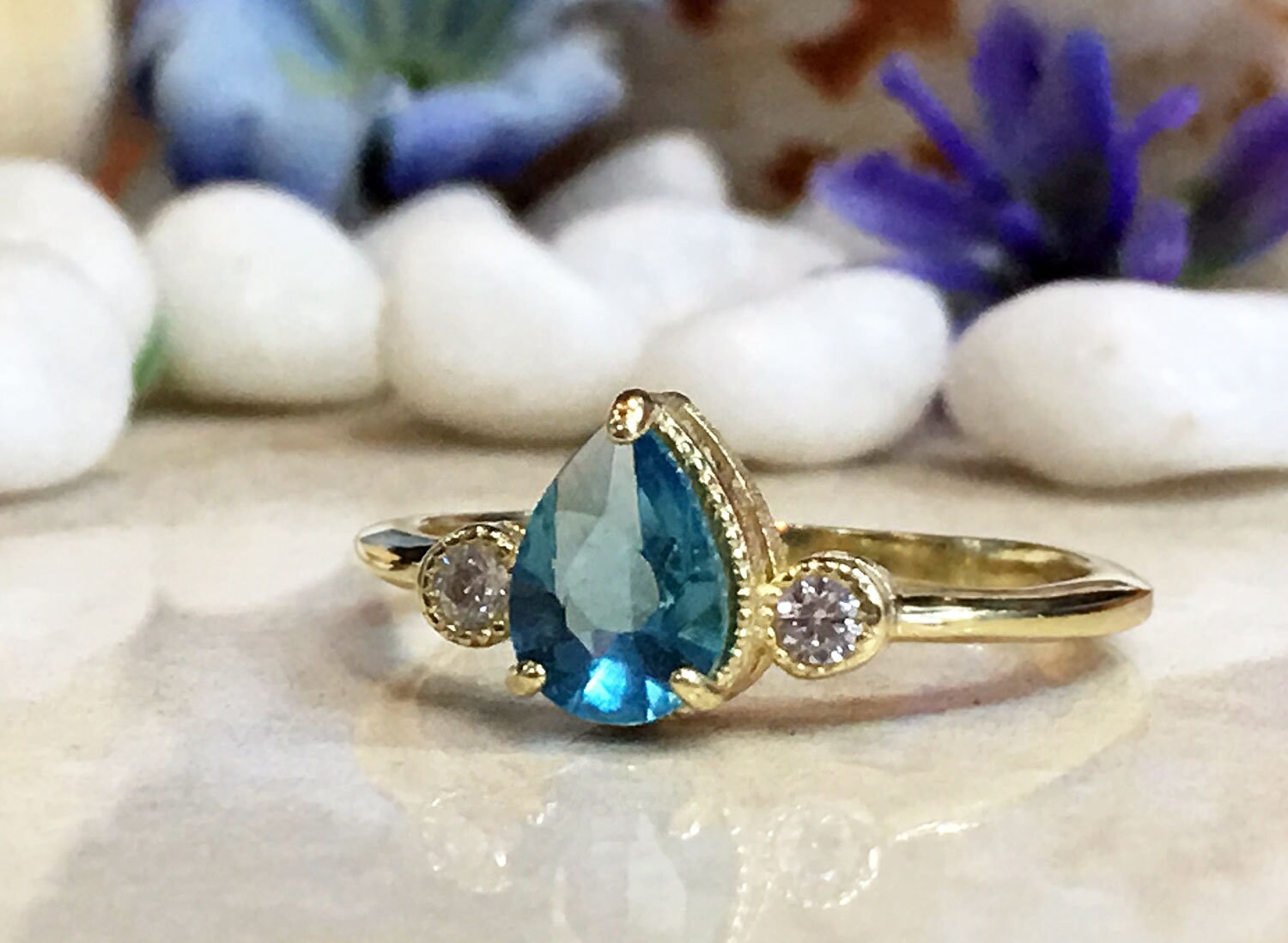 Blue Topaz Ring - December Birthstone - Tiny Delicate Ring with Pear-Shaped Blue Topaz Gemstone and Clear Quartz Accents