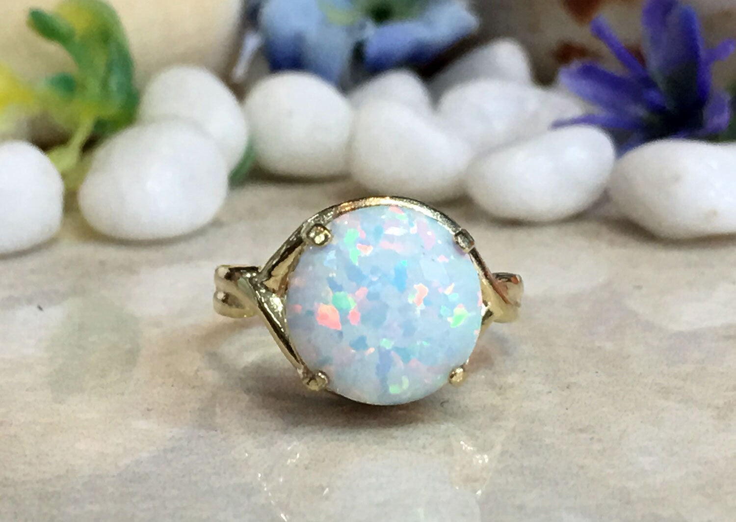 White Opal Ring - Round White Opal Gemstone Statement Ring