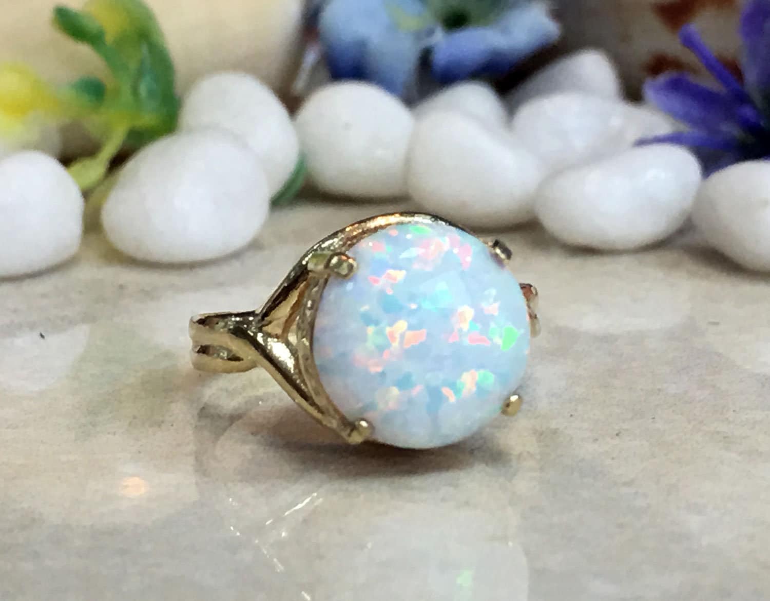 White Opal Ring - Round White Opal Gemstone Statement Ring