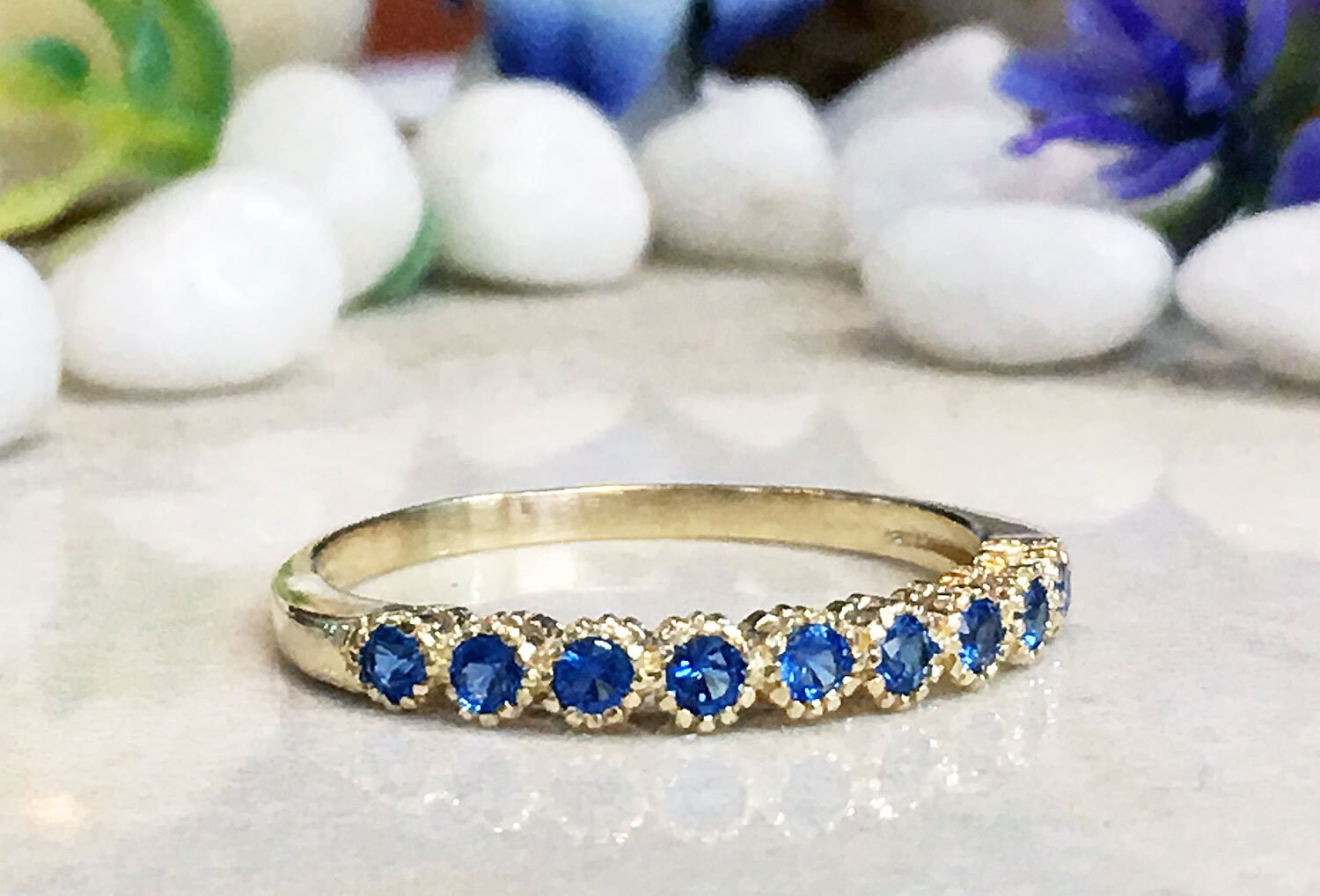 Blue Topaz Ring - December Birthstone - Stacking Ring with Nine Round Blue Topaz Gemstones