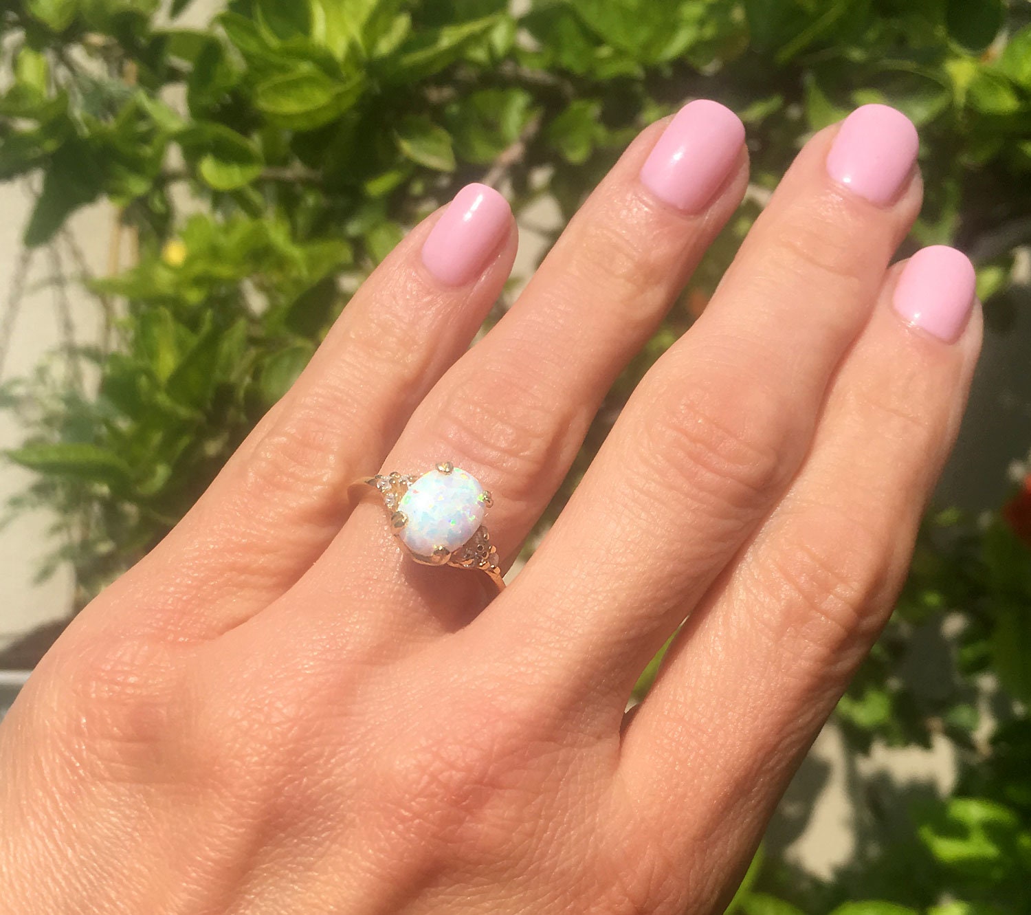 White Opal Ring - Oval White Opal Gemstone Statement Engagement Ring with Clear Quartz Accents