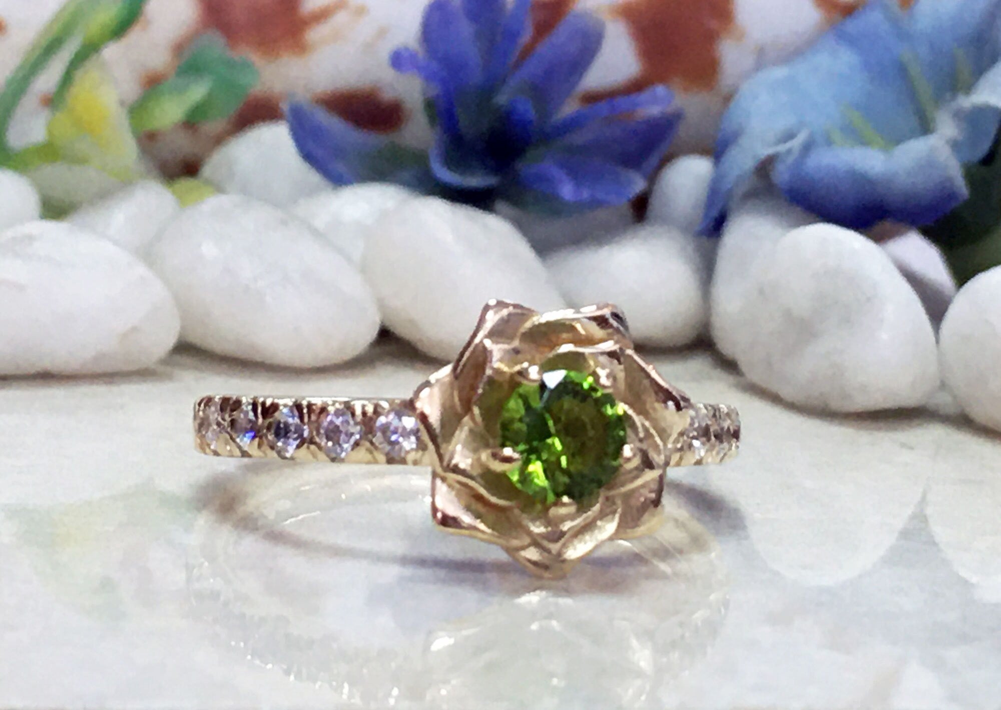 Peridot Ring - August Birthstone - Camellia Ring with Round Peridot Gemstone and Clear Quartz Accents