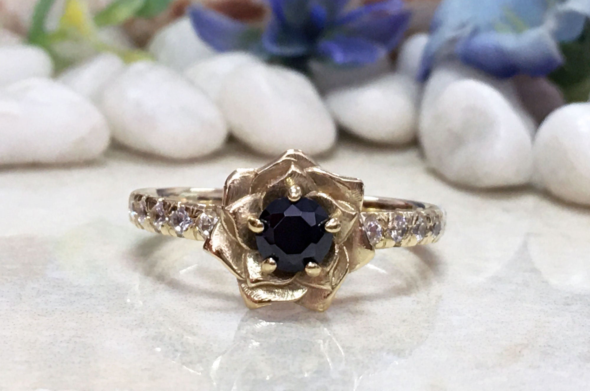 Black Onyx Ring - December Birthstone - Camellia Ring with Round Black Onyx Gemstone and Clear Quartz Accents