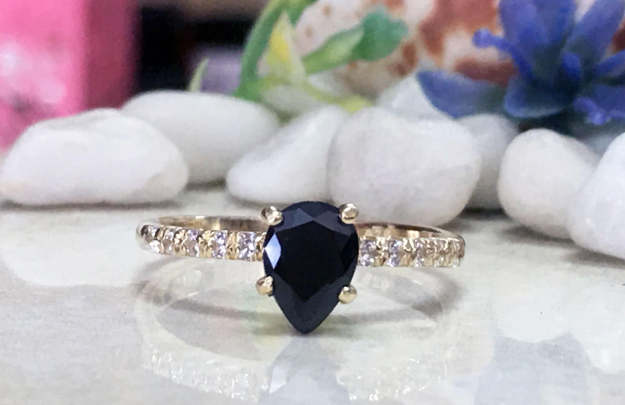 Black Onyx Ring - Gold Ring - Stacking Ring - December Birthstone - Dainty Ring - Tiny Ring - Delicate Ring - Engagement Ring - Prong Ring