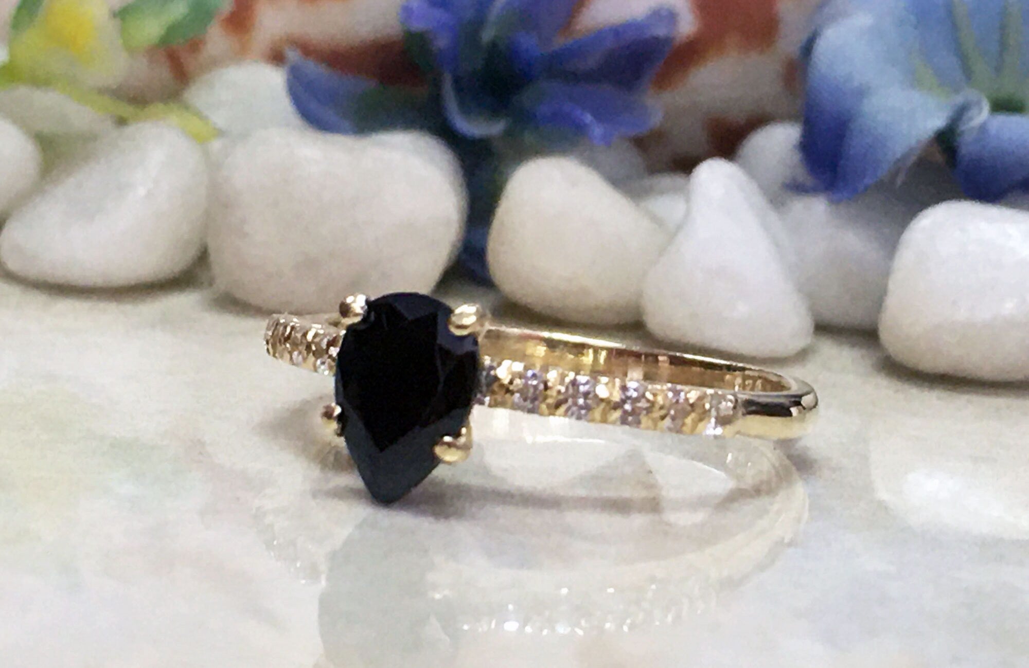 Black Onyx Ring - Gold Ring - Stacking Ring - December Birthstone - Dainty Ring - Tiny Ring - Delicate Ring - Engagement Ring - Prong Ring