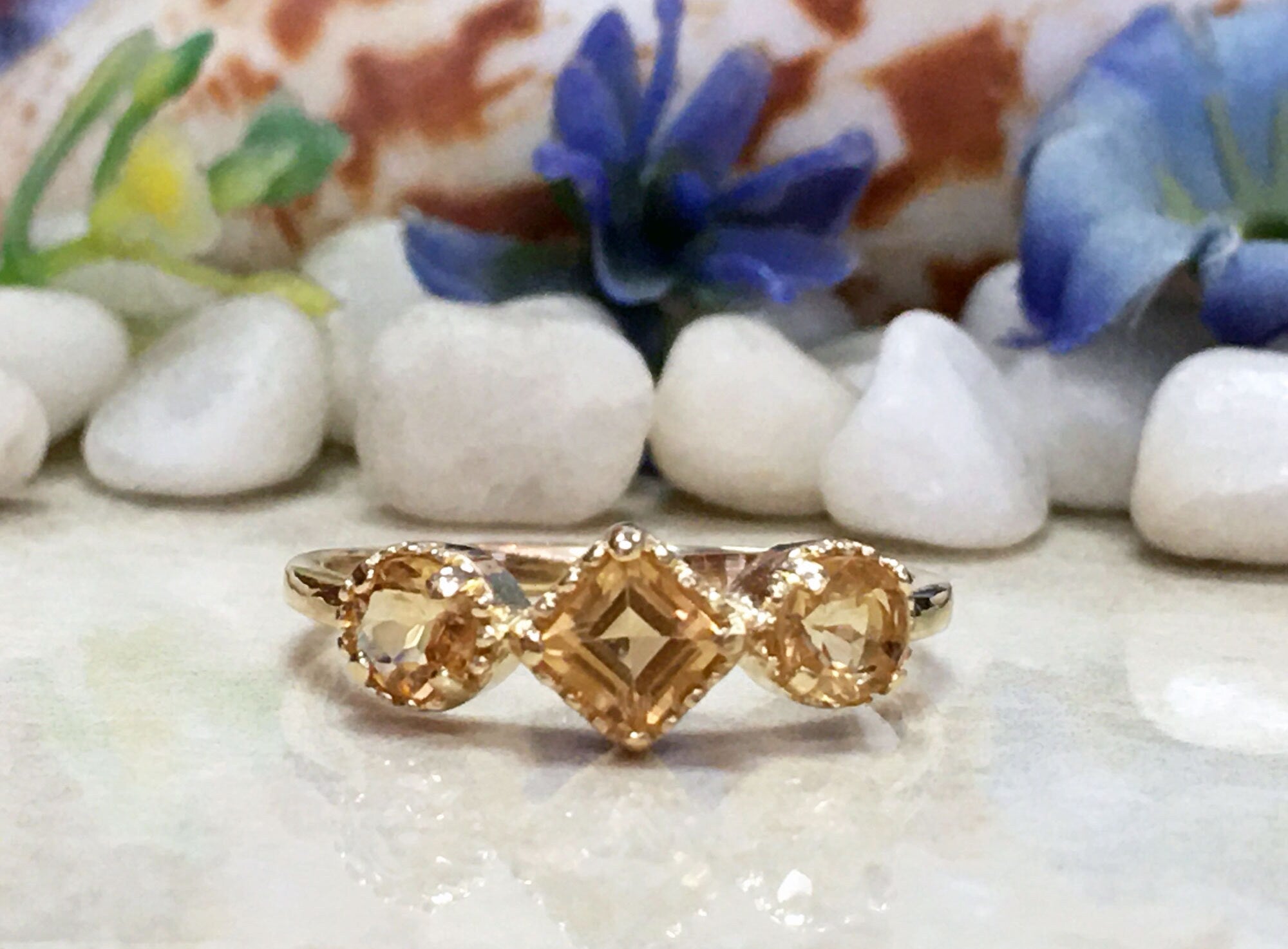 Citrine Ring - November Birthstone - Ring with Square Citrine Center Gemstone and Side Accents