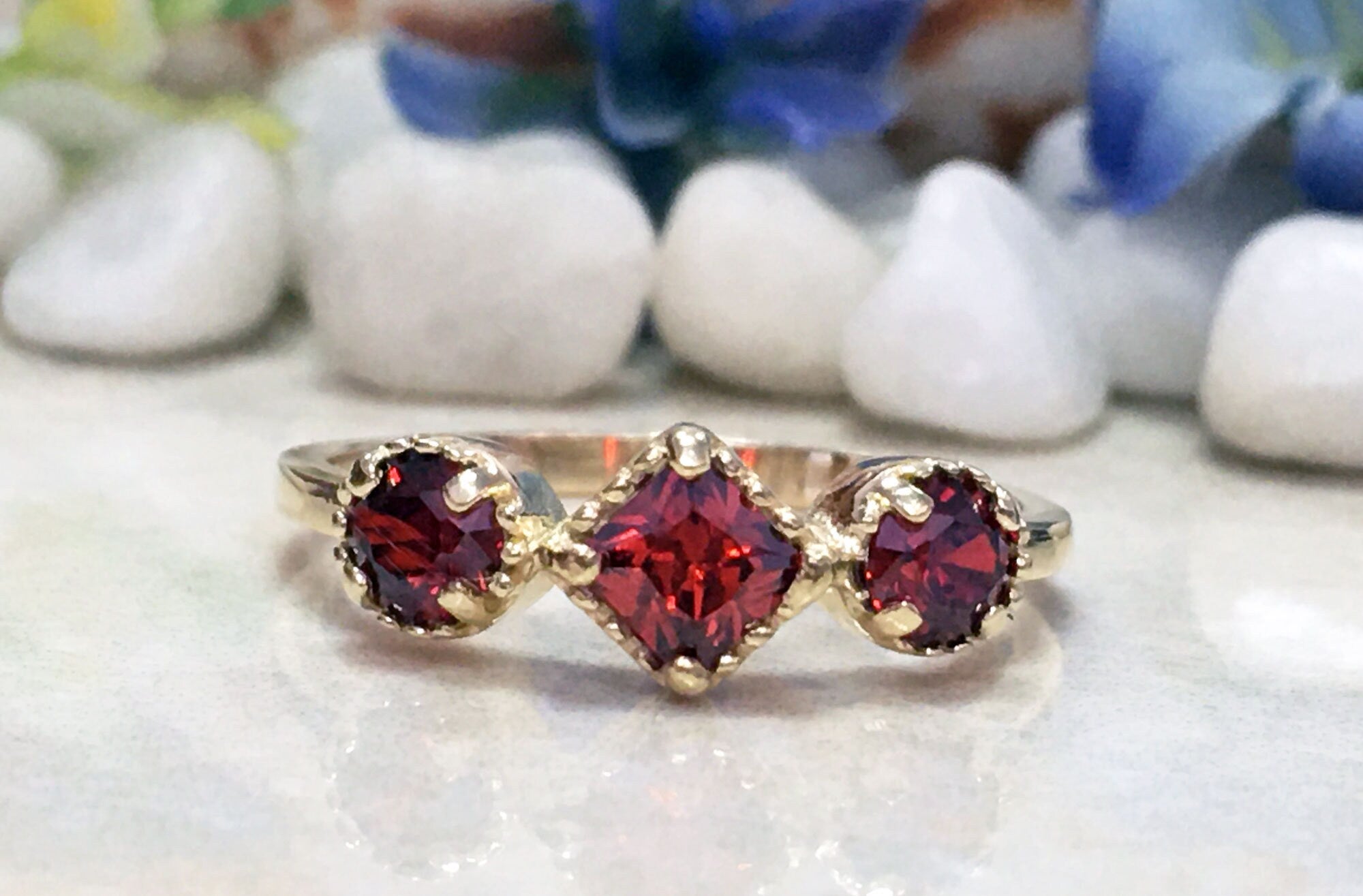 Red Garnet Ring - January Birthstone - Gold Ring - Gemstone Ring - Delicate Ring - Triple Ring