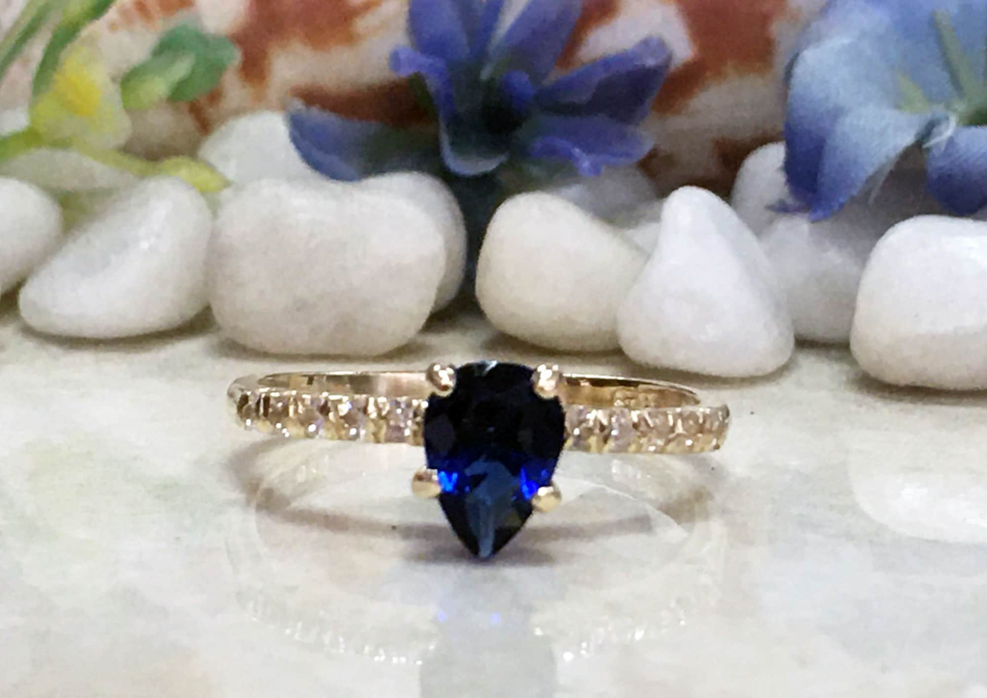 Blue Sapphire Ring - September Birthstone - Pear Shaped Blue Sapphire Gemstone Ring with Clear Quartz Accents