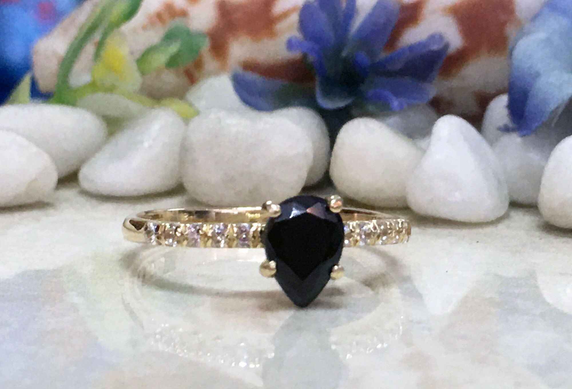 Black Onyx Ring - Gold Ring - Stacking Ring - December Birthstone - Dainty Ring - Tiny Ring - Delicate Ring - Engagement Ring - Prong Ring