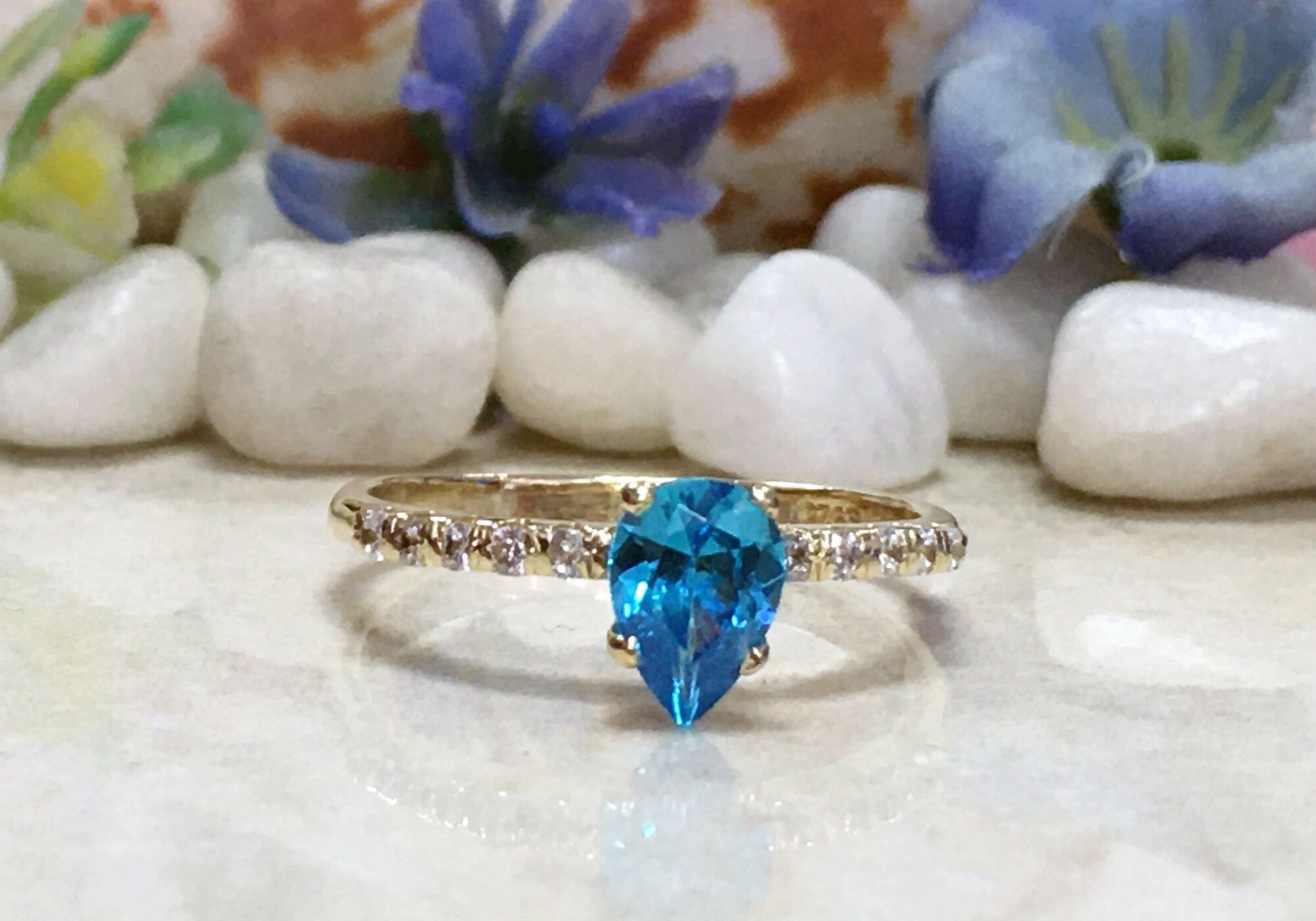 Blue Topaz Ring - Gold Ring - Stack Ring - December Birthstone - Dainty Ring - Tiny Ring - Delicate Ring - Engagement Ring - Prong Ring