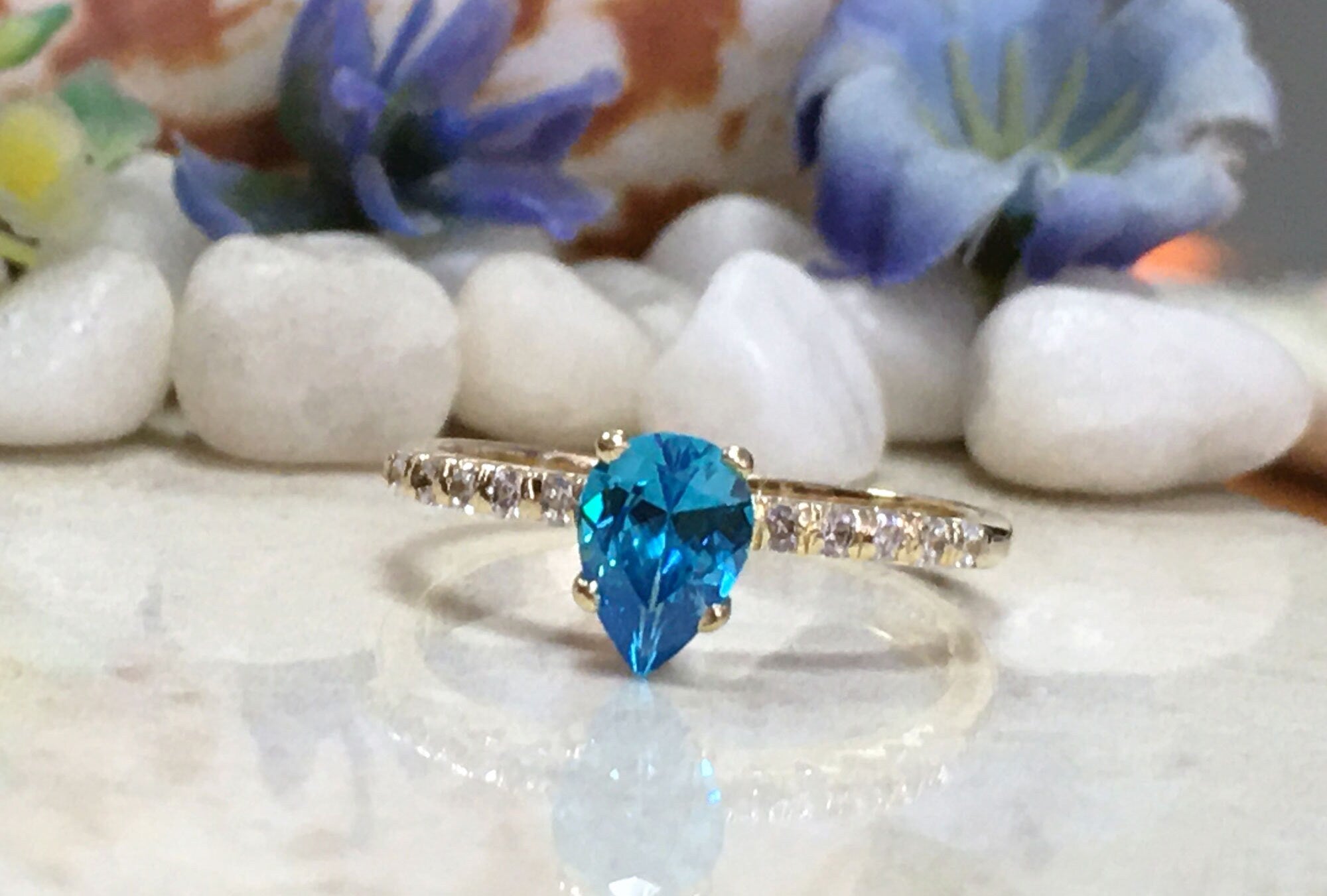 Blue Topaz Ring - Gold Ring - Stack Ring - December Birthstone - Dainty Ring - Tiny Ring - Delicate Ring - Engagement Ring - Prong Ring