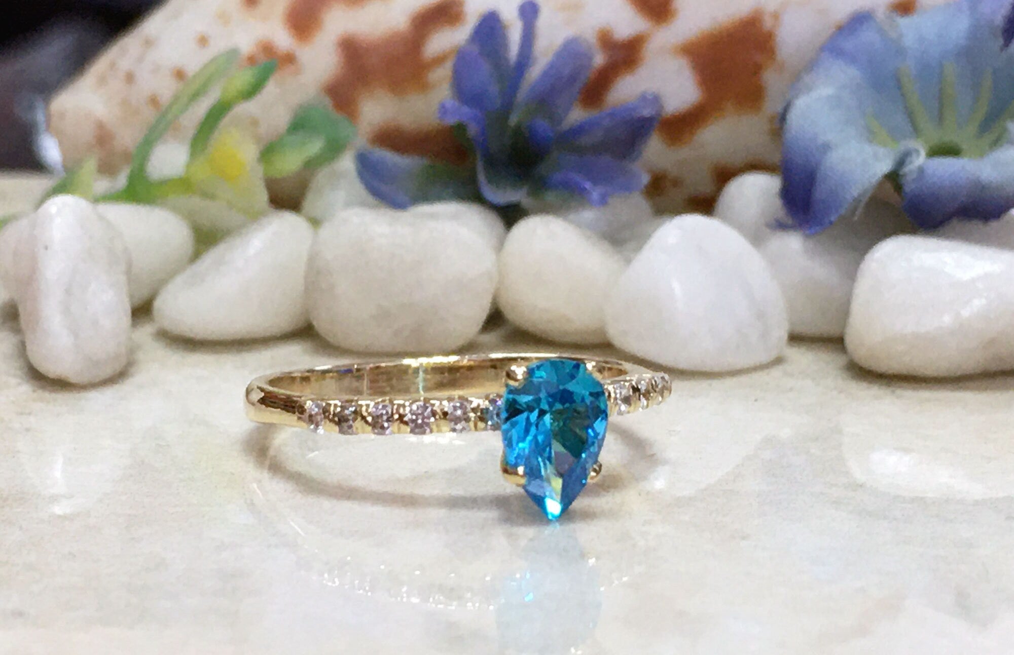 Blue Topaz Ring - Gold Ring - Stack Ring - December Birthstone - Dainty Ring - Tiny Ring - Delicate Ring - Engagement Ring - Prong Ring