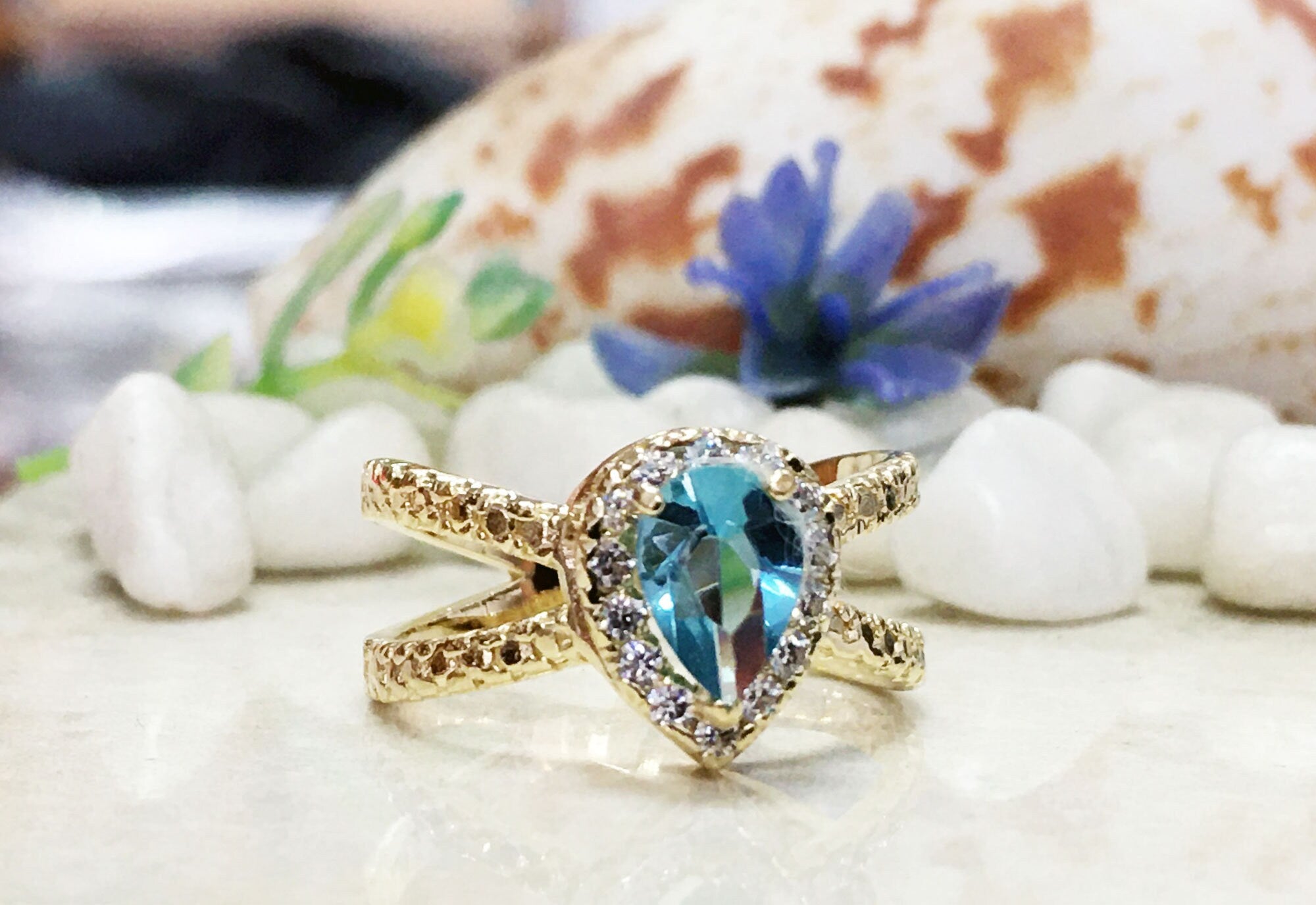 Blue Topaz Ring - December Birthstone - Gemstone Band - Gold Ring - Engagement Ring - Teardrop Ring - Cocktail Ring - Prong Ring