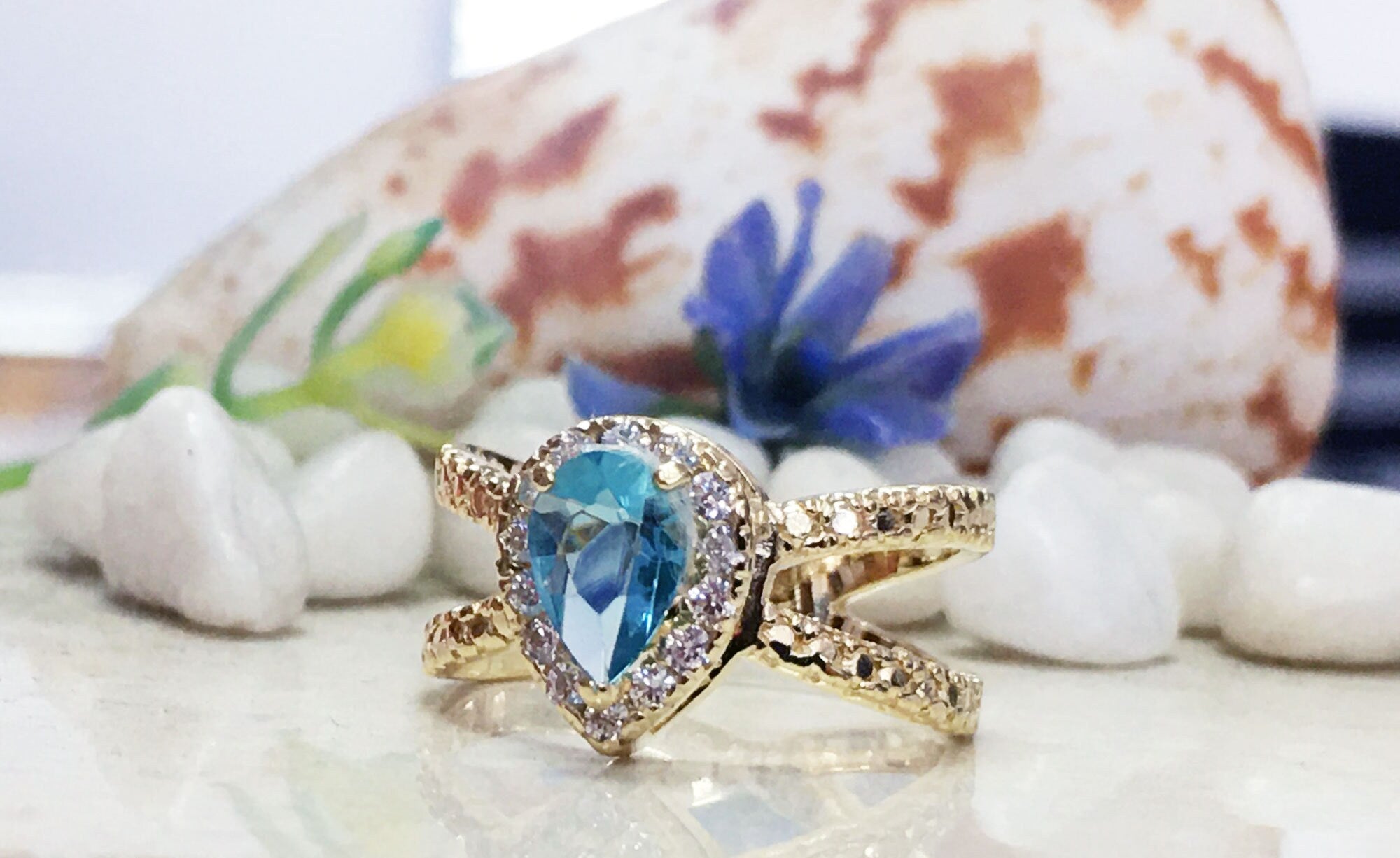 Blue Topaz Ring - December Birthstone - Gemstone Band - Gold Ring - Engagement Ring - Teardrop Ring - Cocktail Ring - Prong Ring