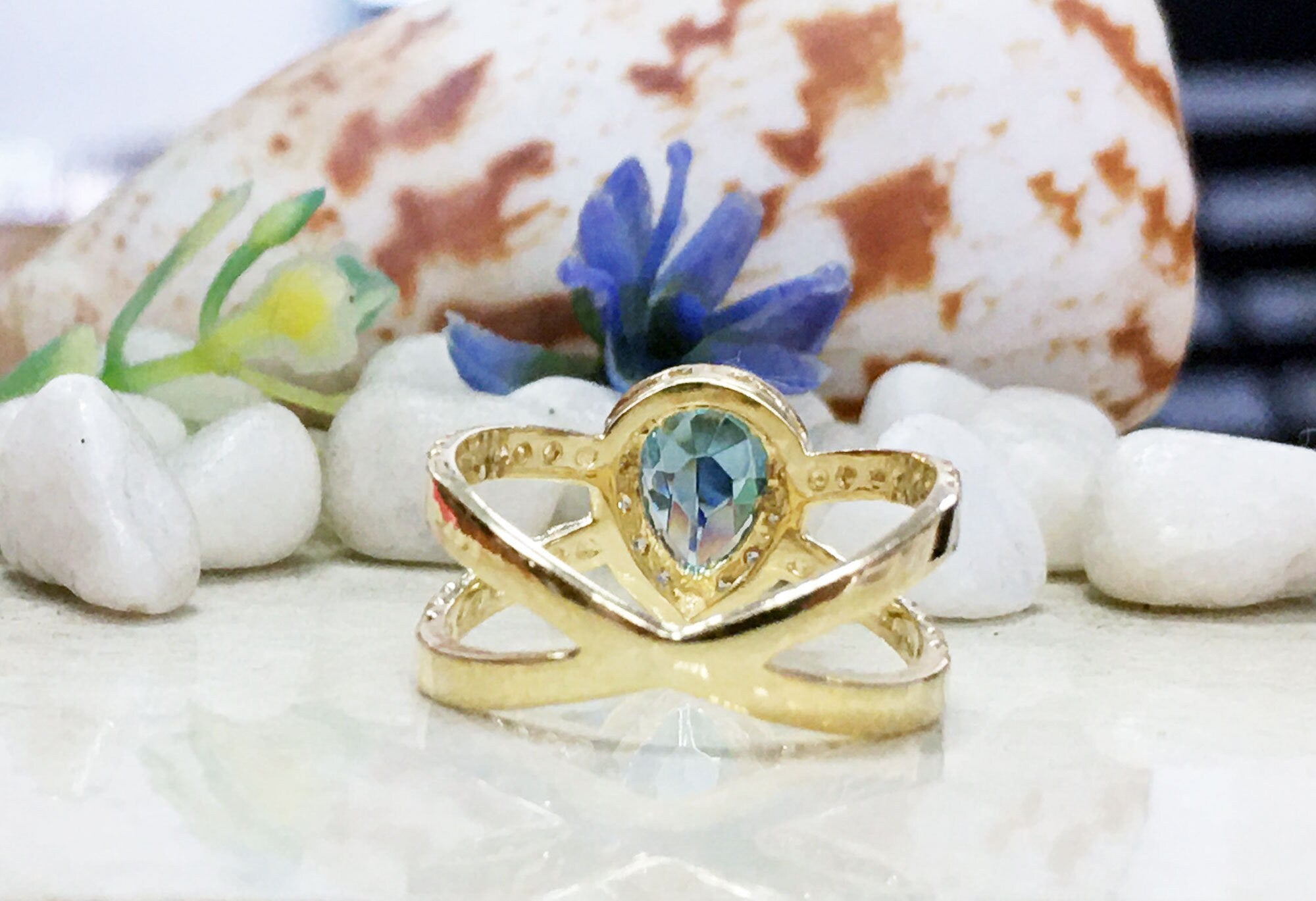 Blue Topaz Ring - December Birthstone - Gemstone Band - Gold Ring - Engagement Ring - Teardrop Ring - Cocktail Ring - Prong Ring