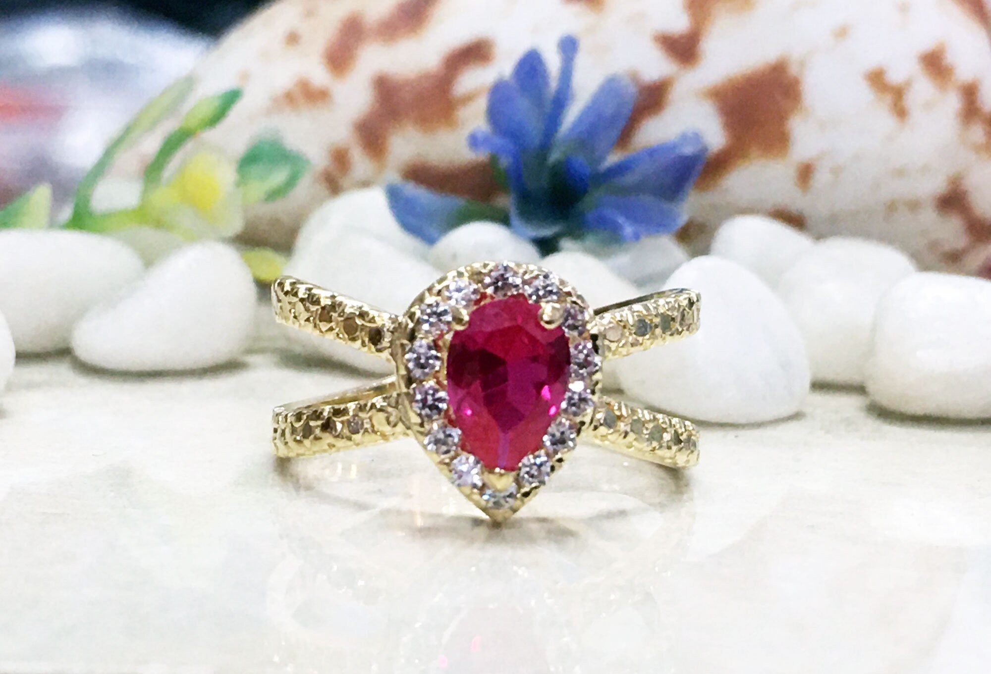 Ruby Ring - July Birthstone - Gemstone Band - Gold Ring - Engagement Ring - Teardrop Ring - Fuchsia Ring