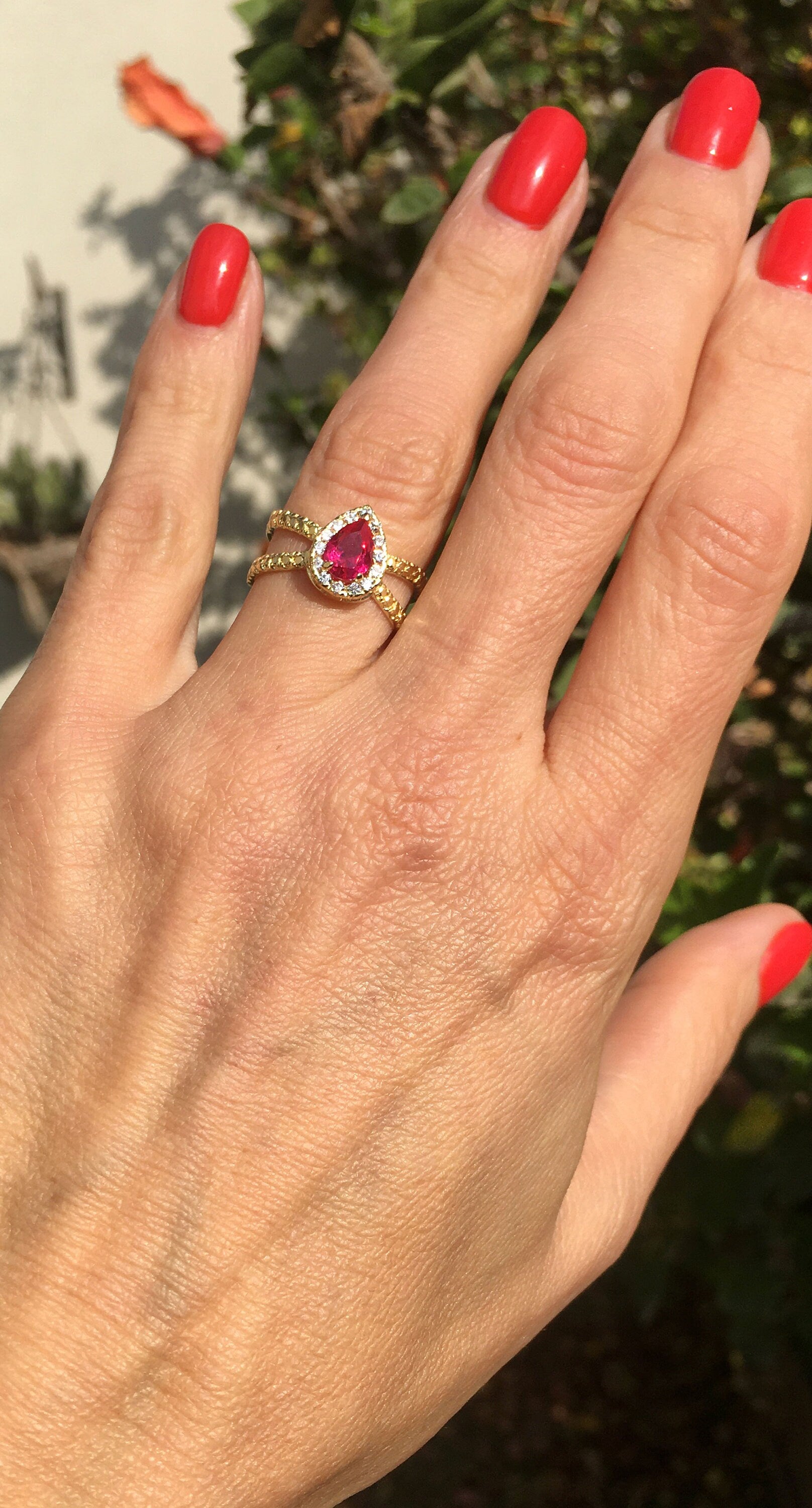 Ruby Ring - July Birthstone - Gemstone Band - Gold Ring - Engagement Ring - Teardrop Ring - Fuchsia Ring