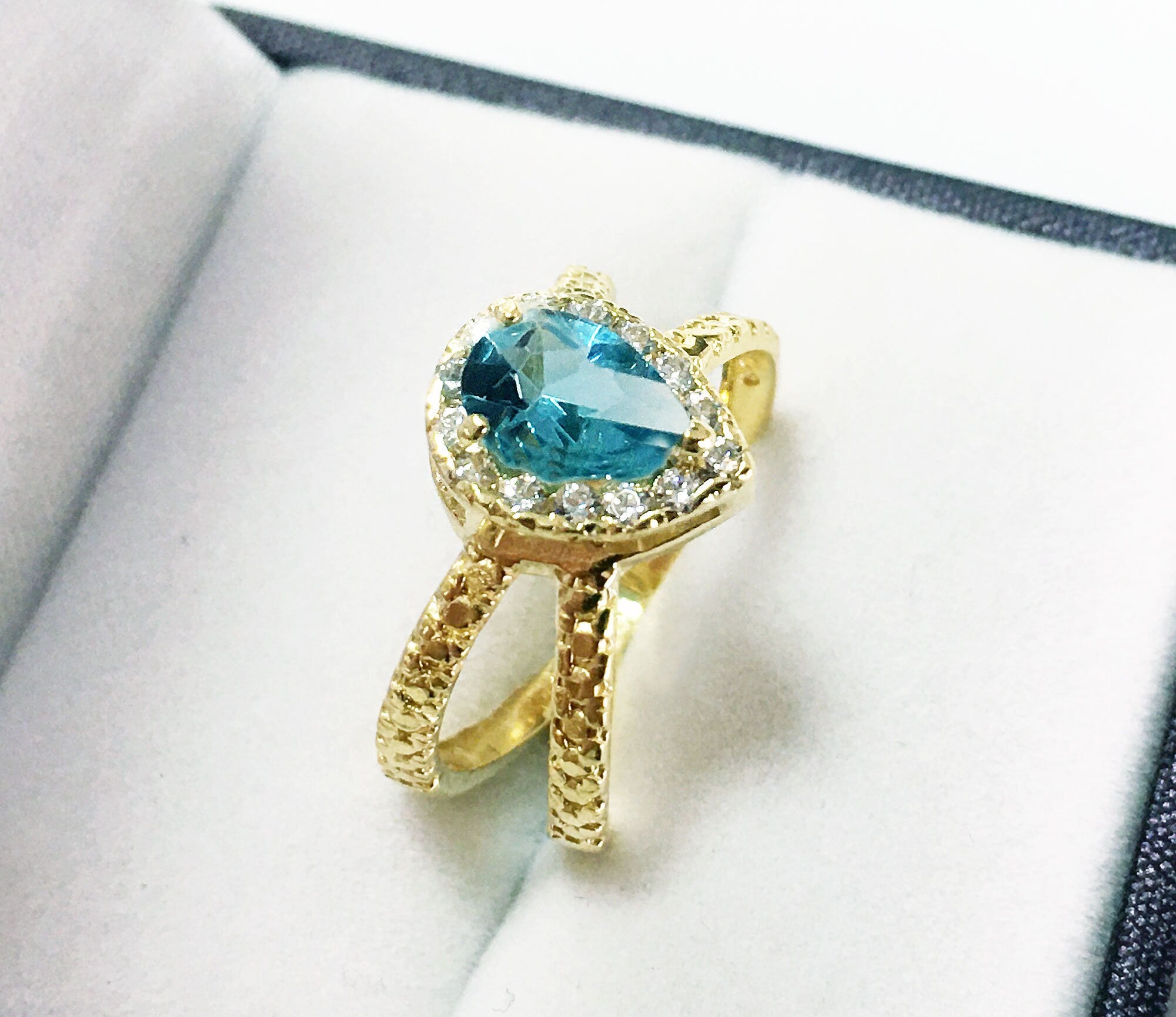 Blue Topaz Ring - December Birthstone - Gemstone Band - Gold Ring - Engagement Ring - Teardrop Ring - Cocktail Ring - Prong Ring