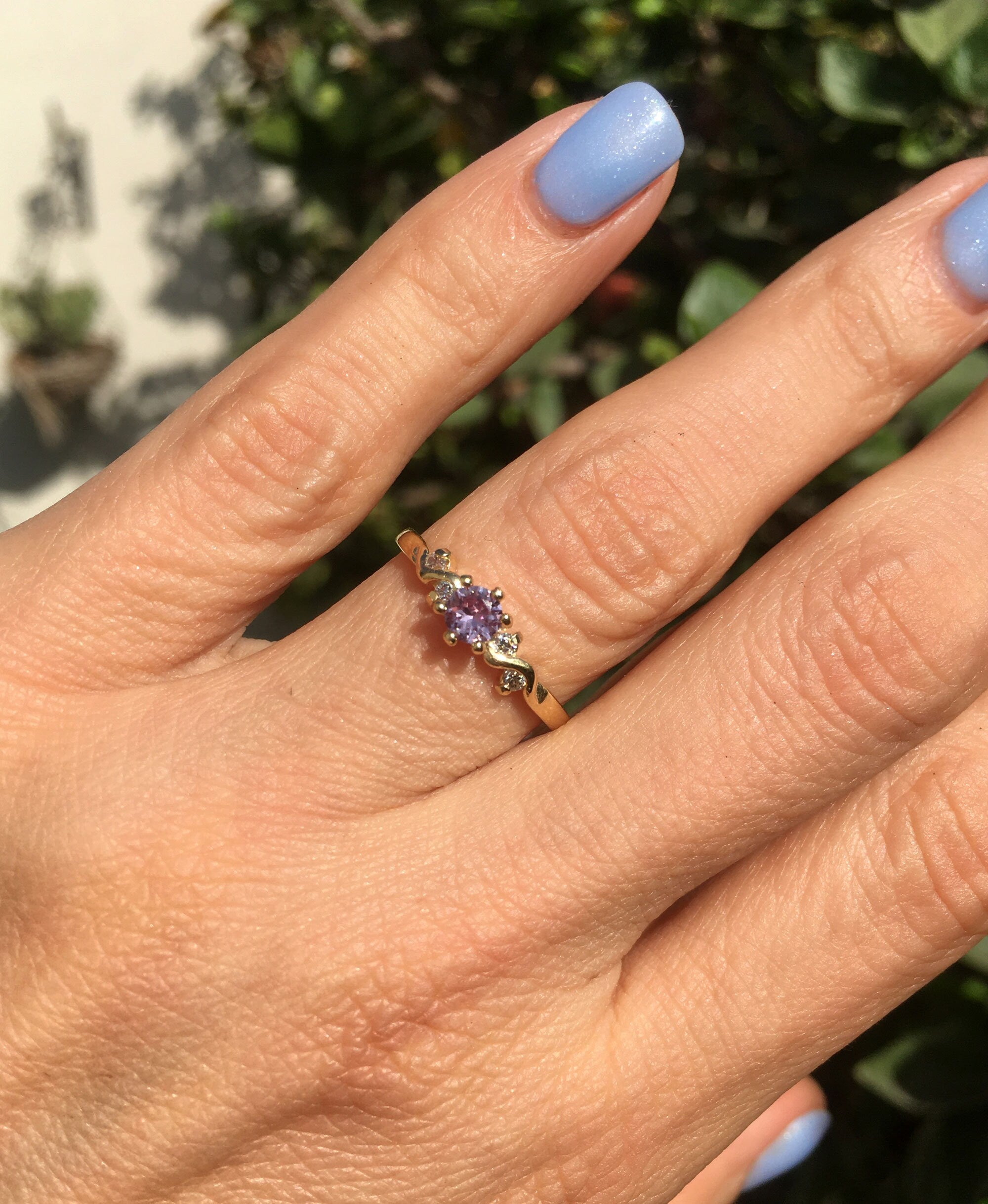 Alexandrite Ring - June Birthstone - Tiny Delicate Ring with Round Alexandrite Gemstone and Clear Quartz Accents