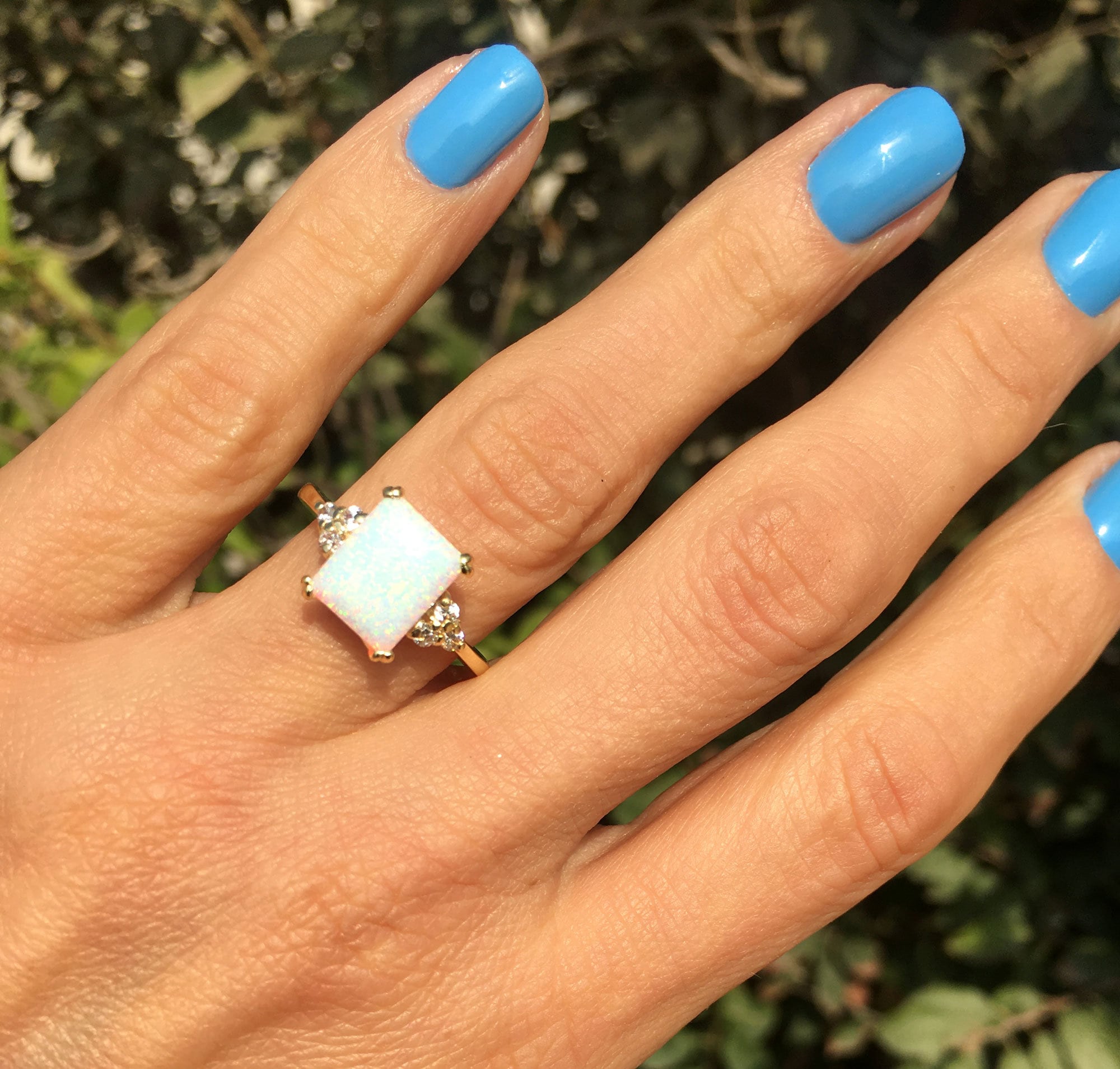 White Opal Ring - Octagon White Opal Gemstone Statement Engagement Ring with Clear Quartz Accents