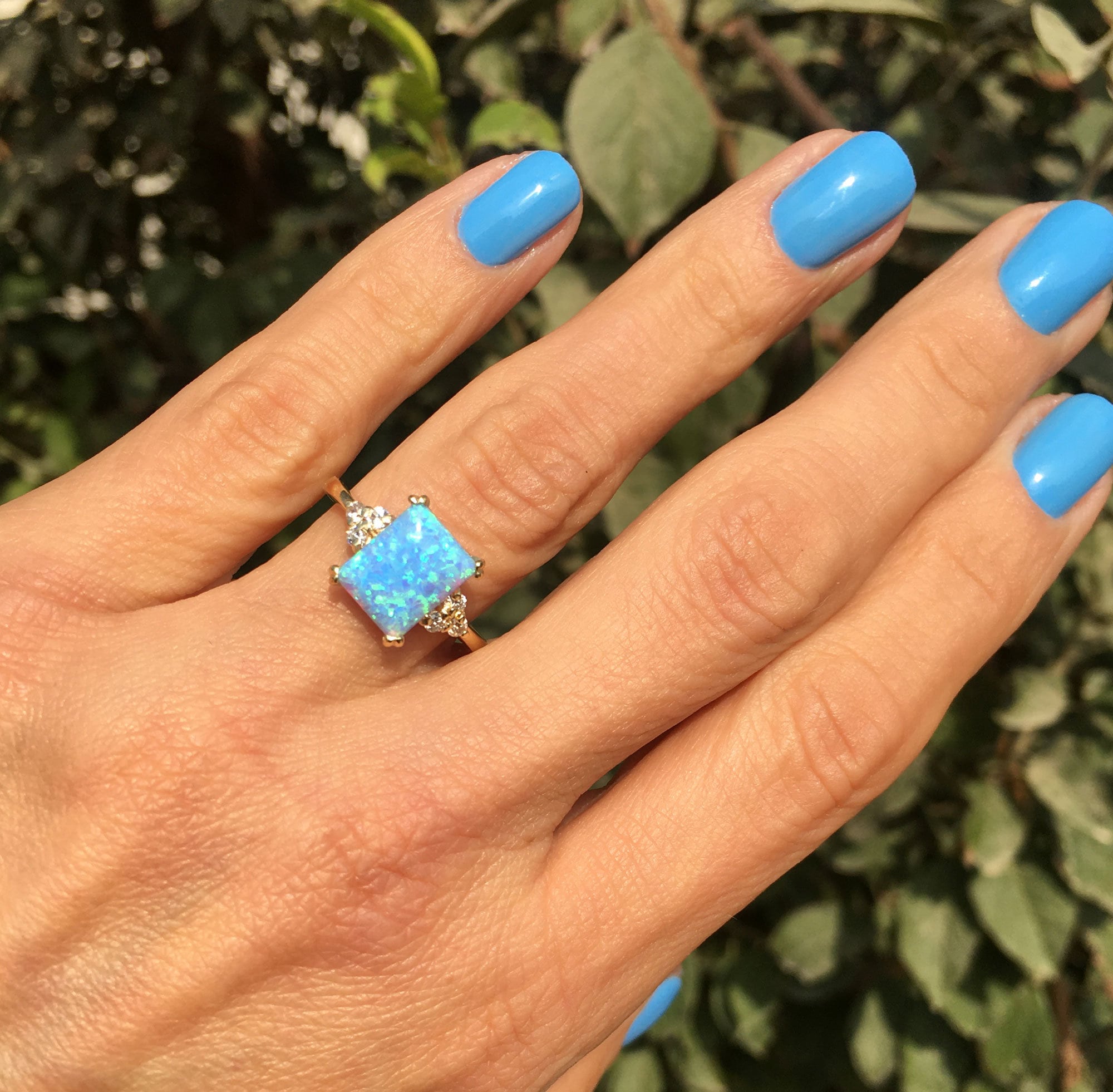 Blue Opal Ring - October Birthstone - Octagon Blue Opal Gemstone Statement Engagement Ring with Clear Quartz Accents