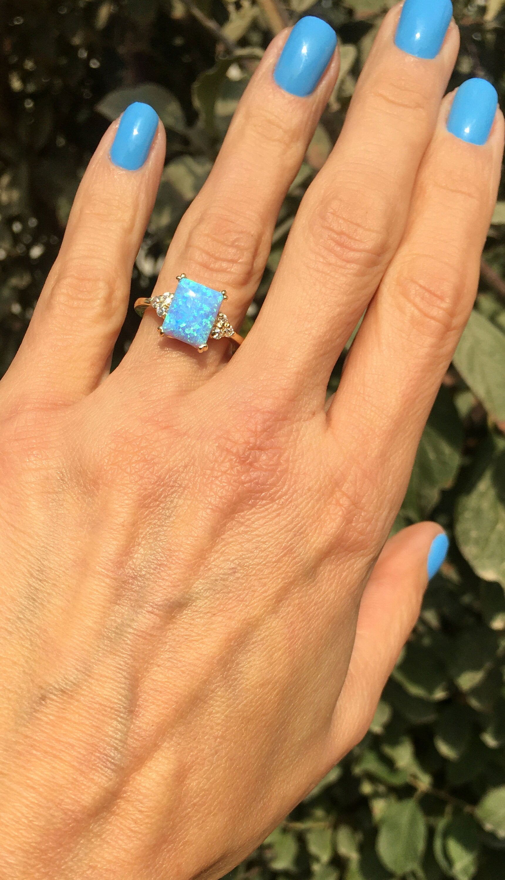 Blue Opal Ring - Gold Ring - Engagement Ring - Rectangle Ring - Cocktail Ring - Statement Ring - Opal Jewelry - October Birthstone