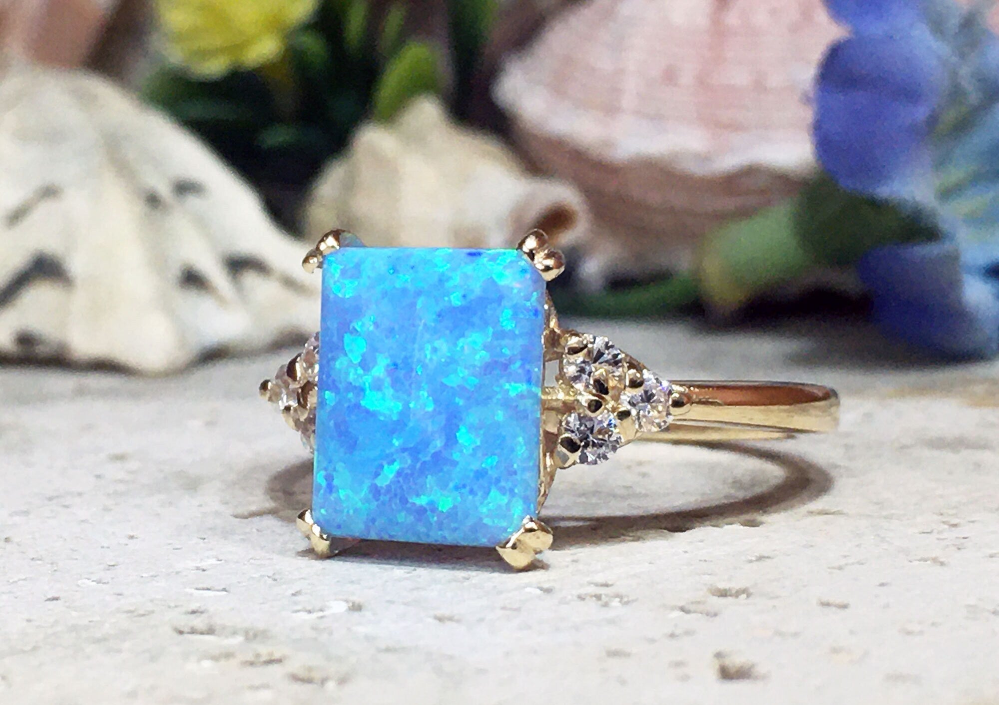 Blue Opal Ring - Gold Ring - Engagement Ring - Rectangle Ring - Cocktail Ring - Statement Ring - Opal Jewelry - October Birthstone