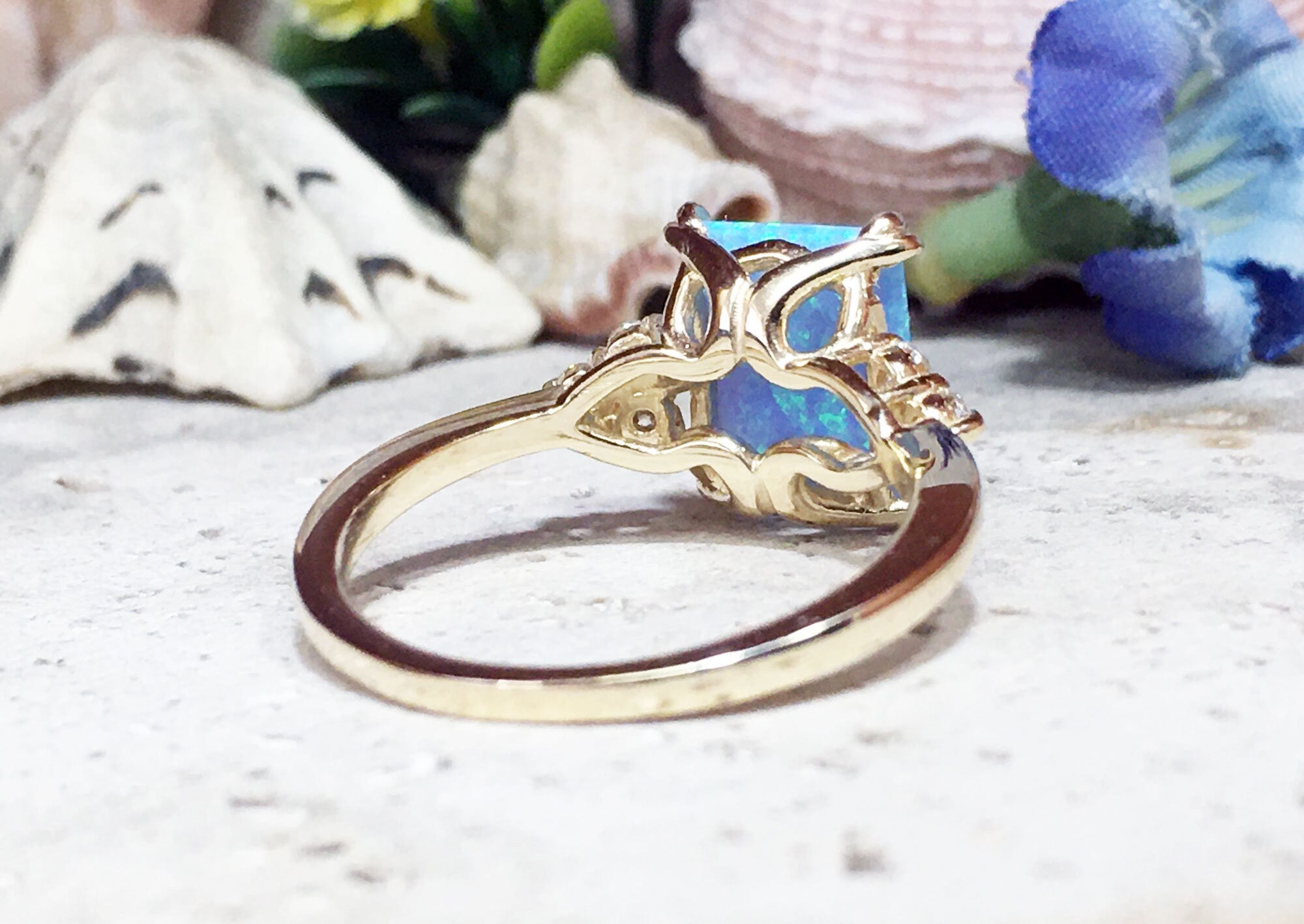 Blue Opal Ring - Gold Ring - Engagement Ring - Rectangle Ring - Cocktail Ring - Statement Ring - Opal Jewelry - October Birthstone