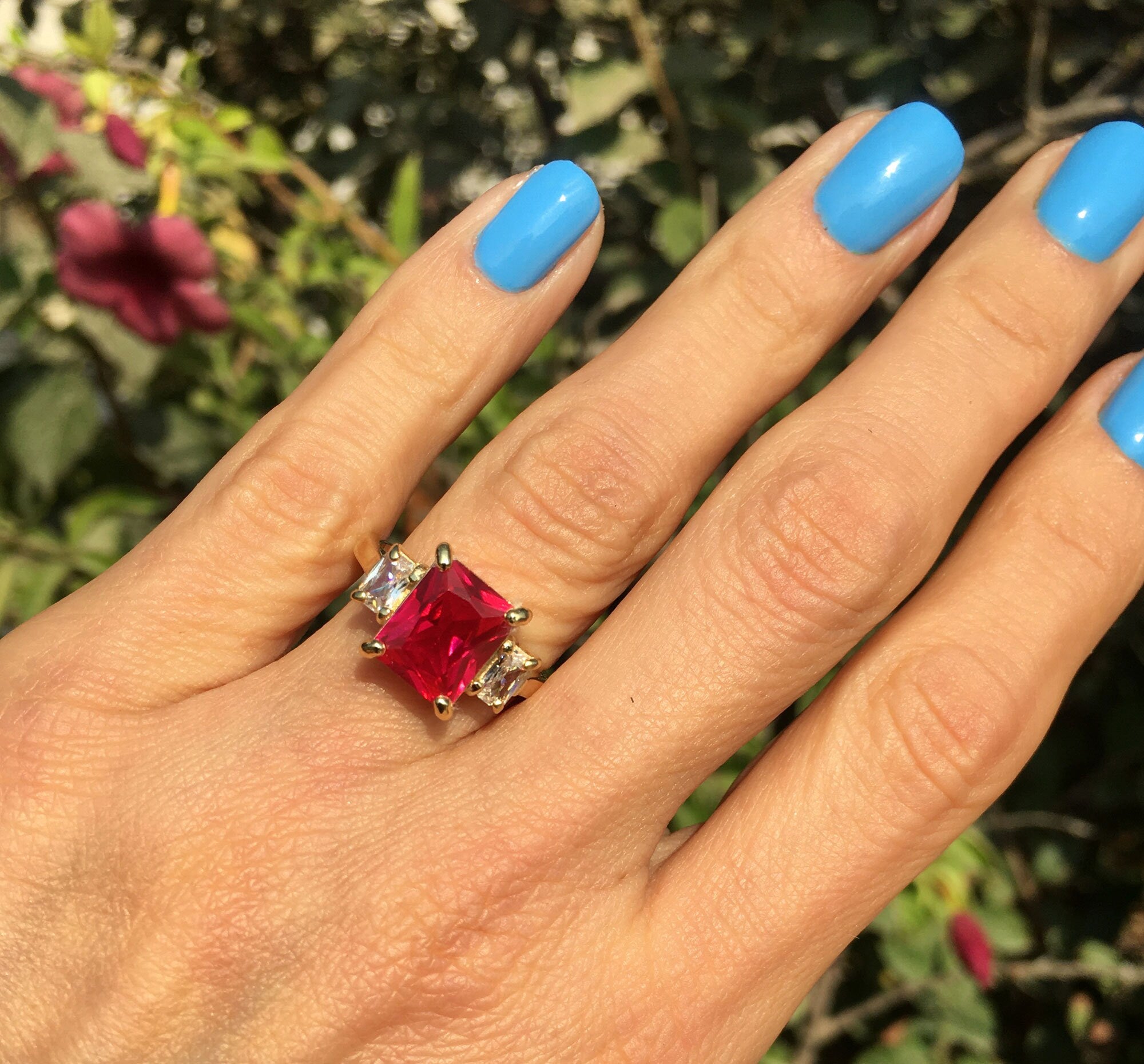 Ruby Ring - Gold Ring - July Birthstone - Gemstone Band - Statement Ring - Engagement Ring - Prong Ring - Rectangle Ring - Cocktail Ring